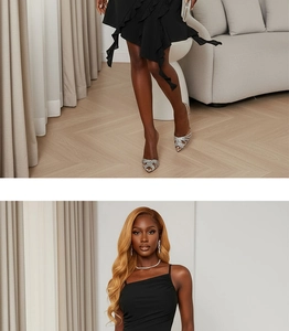 Close-up of black backless cocktail dress with layered ruffles and slim straps