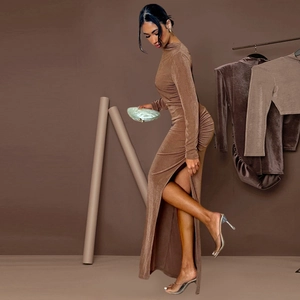 Elegant brown long sleeve backless evening gown with side slit and mermaid silhouette