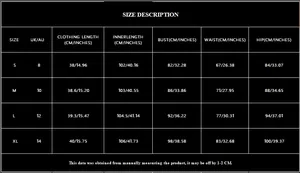 Size chart detail for dark green backless top and slit skirt set with S-XL measurements