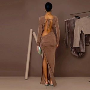 Elegant mocha brown backless evening gown with long sleeves and ruched side split detail
