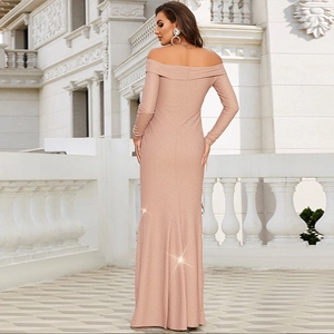 Elegant champagne rose gold off-shoulder sequin evening gown with a fishtail silhouette