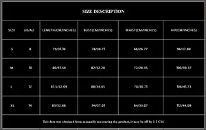 Detailed size chart for sequin party dress including length, bust, and waist measurements