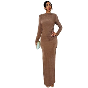 Elegant brown crew neck long sleeve high waist evening gown with fishtail floor-length hem