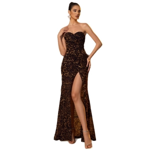 Sleeveless leopard print evening gown with a sweetheart neckline and high leg slit