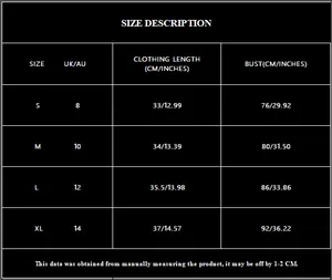 Size chart detail for champagne V-neck sequin camisole top showing measurements S to XL