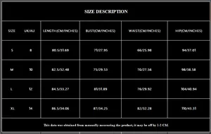 Size chart table for backless cocktail party dress with UK AU S M L XL measurements