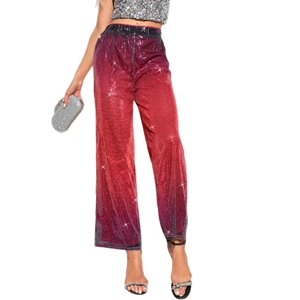 High-waisted sequin wide-leg pants with purple and pink gradient glitter finish