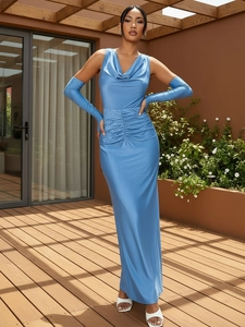 Elegant light blue cowl neck satin maxi dress with matching long sleeve covers