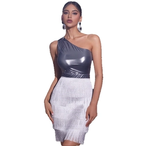 Sleeveless silver metallic one shoulder party dress with tiered white fringe skirt