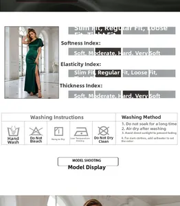 Detail showing dark green satin fabric quality with size chart and washing instructions