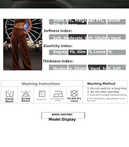 Pantalon marron taille haute à jambes larges avec tableau des tailles et shooting du modèle