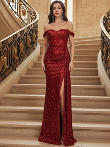 Elegant red sequin off-shoulder evening gown with high slit and mermaid silhouette