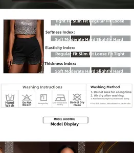 Guide des tailles et instructions de lavage pour short de fête noir à paillettes