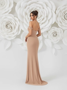 Elegant champagne high waist backless evening gown with fishtail hem and shimmer fabric