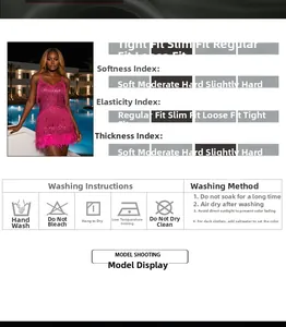 Detailed size guide and care instructions for pink sequin party dress with feather trim