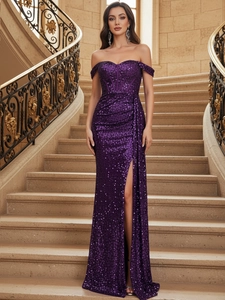 Elegant dark purple sequin off-the-shoulder evening gown with a high side slit design