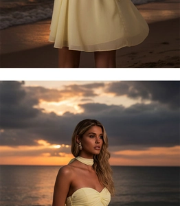 Détail de la robe en mousseline jaune clair avec volants étagés et écharpe de cou assortie