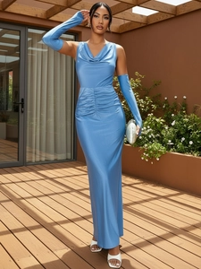 Blue cowl neck ruched maxi dress with matching sleeves for evening cocktail parties
