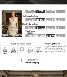 Dettaglio del set sottoveste beige con scollo a V e ricami floreali dorati e misure