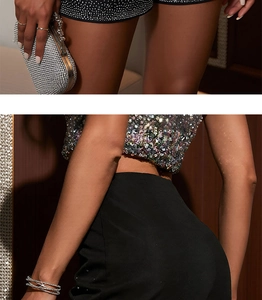 Détail d'un short de fête noir à taille haute avec paillettes et pochette en strass argentée