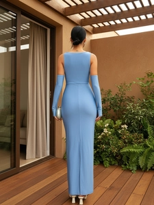 Sky blue slim fit maxi dress with matching sleeves and a high slit back design