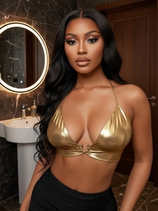 Sultry metallic gold halter top with deep V-neck and metal ring detail for women