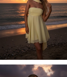 Robe bustier jaune en mousseline avec écharpe assortie et ourlet plissé en gros plan