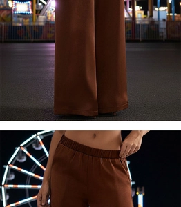 Détails de pantalon marron à taille haute élastique avec coupe large et poches latérales