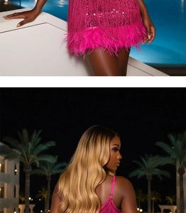 Detail of hot pink sequin tassel dress featuring elegant feather trim and evening party style
