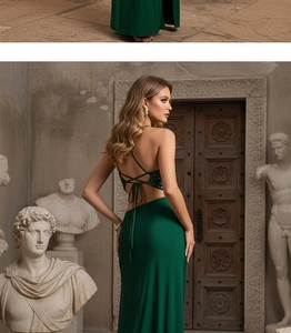 Detail of sequined dark green backless two-piece gown with crisscross straps and slim skirt