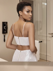 Sparkling champagne sequin crop top and high-waisted set with back zipper detail