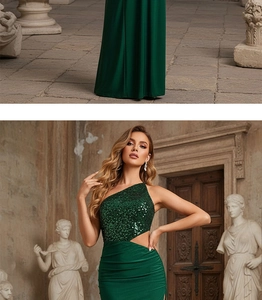 Detail of emerald green sequin one-shoulder dress with elegant side cutout and ruching
