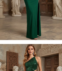 Detail of dark green sequin gown showing the one-shoulder cut and high slit hem
