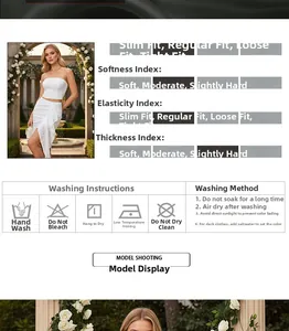 Detailed size chart and washing guide for white lace tube top and asymmetric skirt set