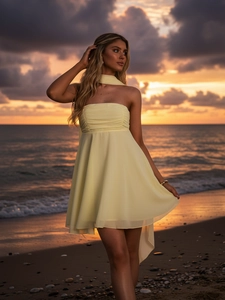 Femme Élégant Jaune Polyester Mousseline Bustier Plissé Dos Nu Robe Mini Avec Col Écharpe Pour Plage Vacances Fête