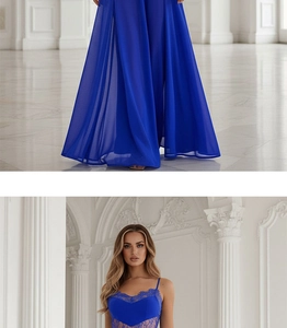 Détail de robe longue bleu roi en mousseline avec corsage en dentelle et jupe vaporeuse