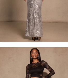 Detailed close-up showing grey sequin skirt slit and black lace long sleeve top textures