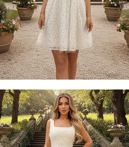 Close-up of white sequin cocktail dress featuring feathered fringe and shimmering details