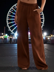 Pantalon Large à Taille Haute pour Femmes Taille Élastique Aspect Satin Pantalon Droit Brun Café Mode Soirée
