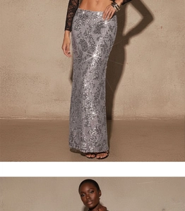 Close-up of sparkling silver sequin high waist maxi skirt with elegant back slit detail