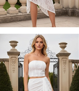 Detailed white lace two-piece set featuring a tube top and asymmetrical ruffled skirt