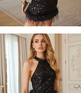 Detail of black sequined halter dress featuring feathered trim and sparkling texture