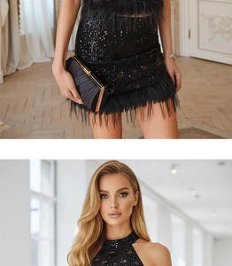 Detail of black sequined halter top and skirt with ostrich feather trim and satin clutch