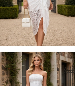 Detail of white lace bandeau top and asymmetrical skirt with floral pattern texture