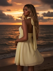 Robe dos nu en mousseline jaune pâle avec rubans flottants sur une plage au coucher du soleil