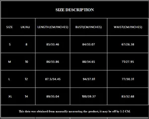 Detailed size chart for sequin party dress including length, bust and waist in cm and inches