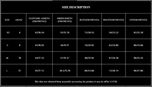 Detailed size chart for black sequin halter top and skirt set, including XS to L measurements