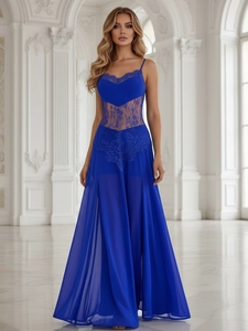 Élégante Robe Maxi en Mousseline et Dentelle Bleu Royal Dos Nu Col en V Taille Haute Sans Manches Robe de Soirée pour Femmes Mariage Fête