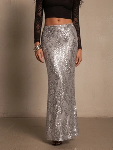 Women High Waisted Sequin Maxi Skirt Slim Fit Back Slit Metallic Shine Long Skirt For Party Evening Banquet Clubwear