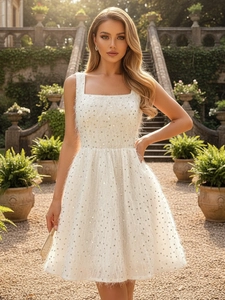 Elegant Square Neck Sequin Feather Mini Dress For Women Sleeveless Sexy Party Cocktail A-Line Short Dress Wedding Banquet